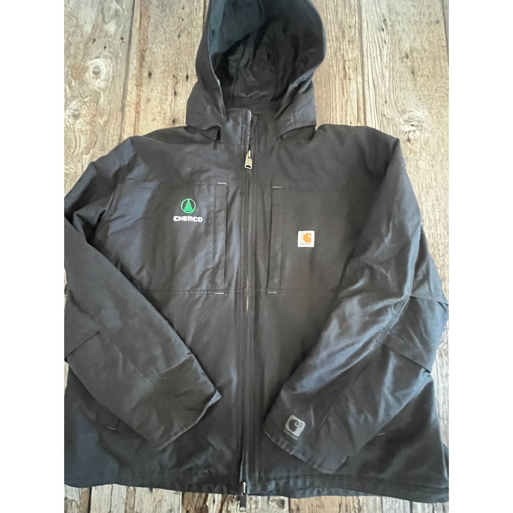 Carhartt Quick Duck Hooded Work Jacket Black Chemco Logo Canvas Coat Mens XL